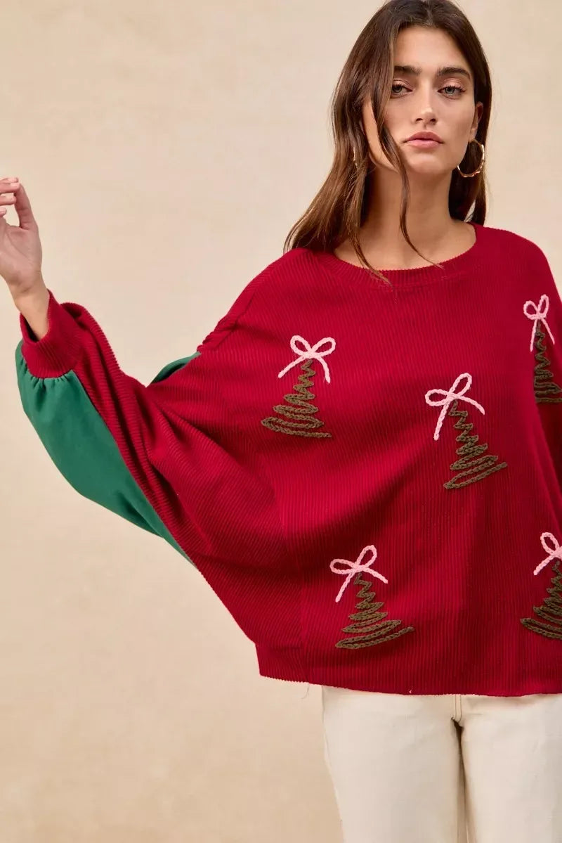 BiBi Christmas Theme Tree Embroidered Sweater - DAVERRI FASHIONS