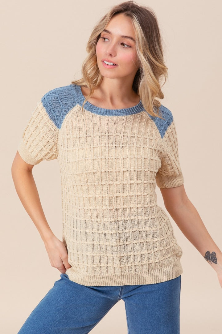 BiBi Textured Contrast Short Sleeve Sweater Sweaters