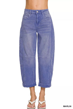 Zenana high-rise barrel-leg cropped jeans in blue denim with rolled cuffs