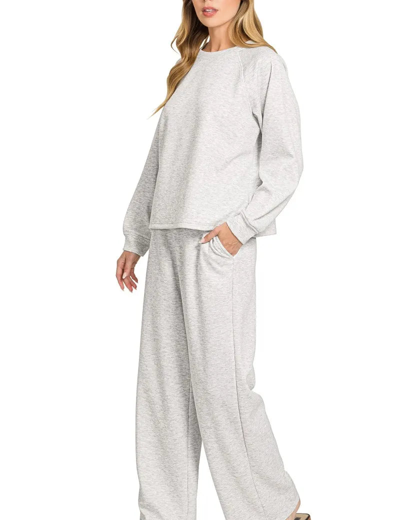 Zenana Scuba Crewneck Sweatshirt and Pants Set | Loungewear Sets Daverri Fashions