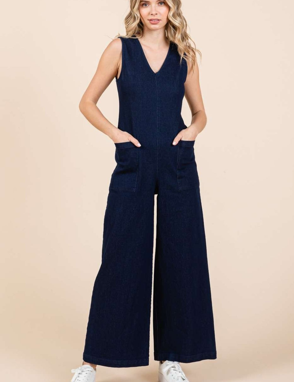 Mittoshop Sleeveless Wide Leg Denim Jumpsuit Dk Denim