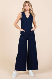 Mittoshop Sleeveless Wide Leg Denim Jumpsuit Dk Denim