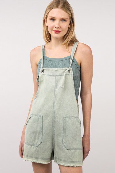 VERY J Washed Frayed Hem Denim Overall Sage