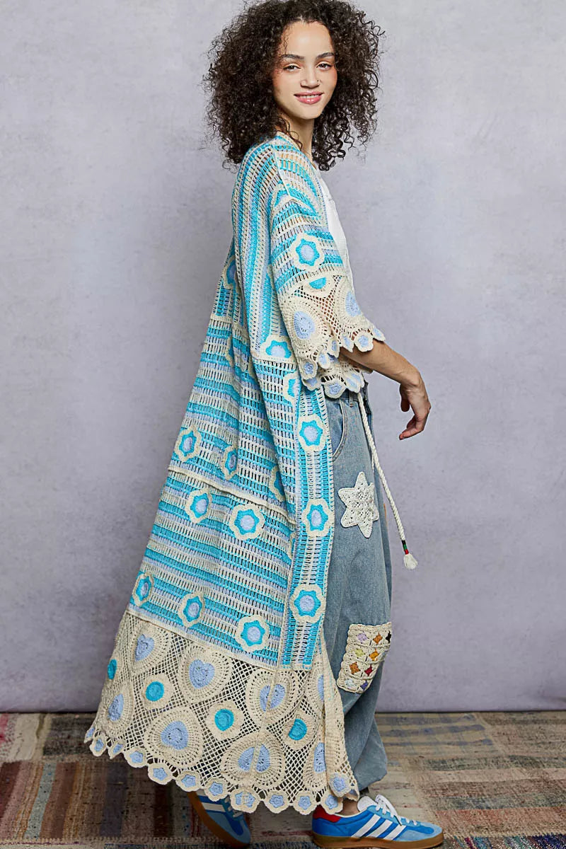 POL turquoise and cream floral crochet longline cardigan