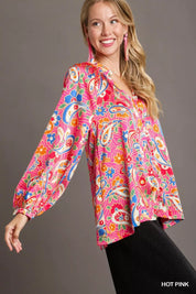 Umgee Full Size Satin Paisley Ruffle Neck Button-Up Shirt Plus Size | Shirts Daverri Fashions