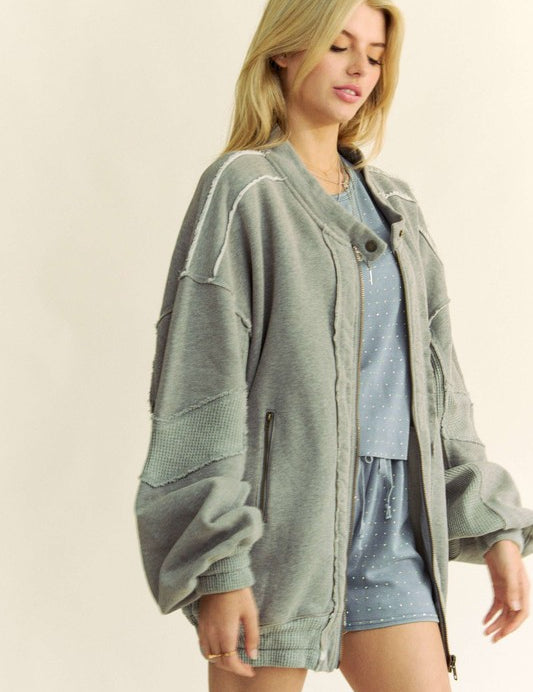 Davi & Dani Exposed Seam Zip Up Dropped Shoulder Jacket Tops