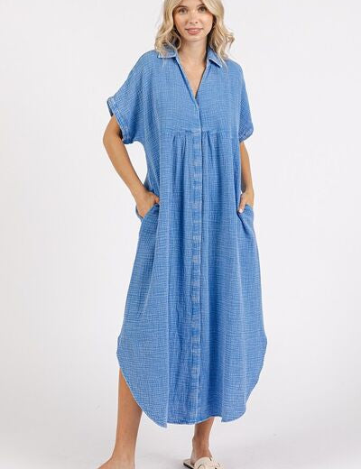 Mittoshop Mineral Wash V Neck Button Up Midi Shirt Dress Denim