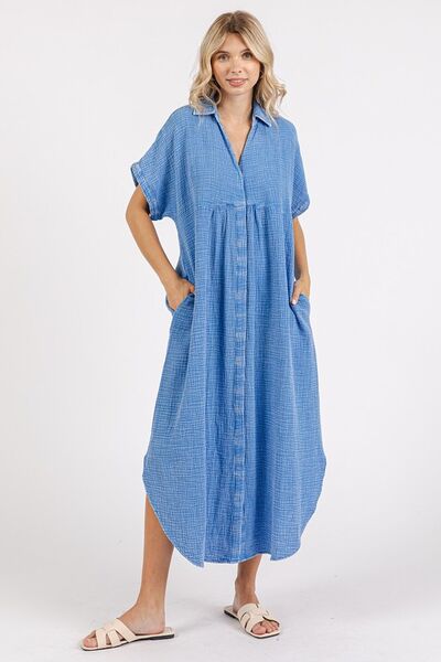 Mittoshop Mineral Wash V Neck Button Up Midi Shirt Dress Denim