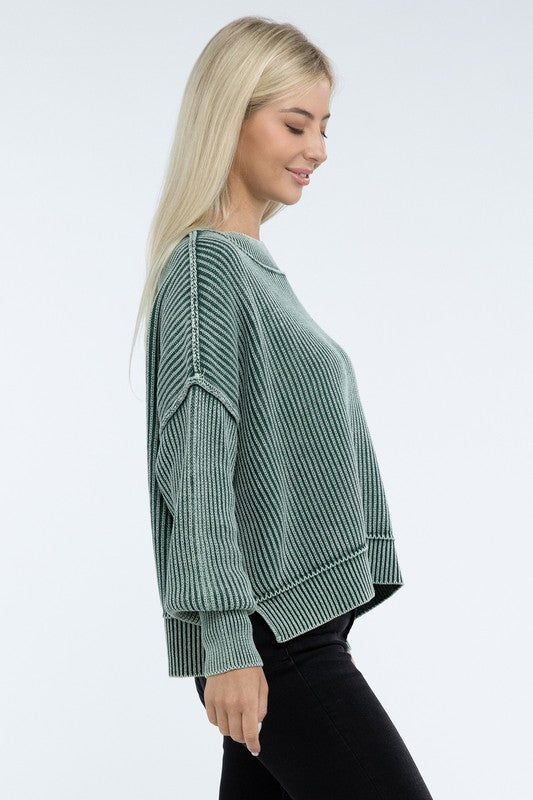 Washed Side Slit Oversized Cropped Cotton Sweater Tops