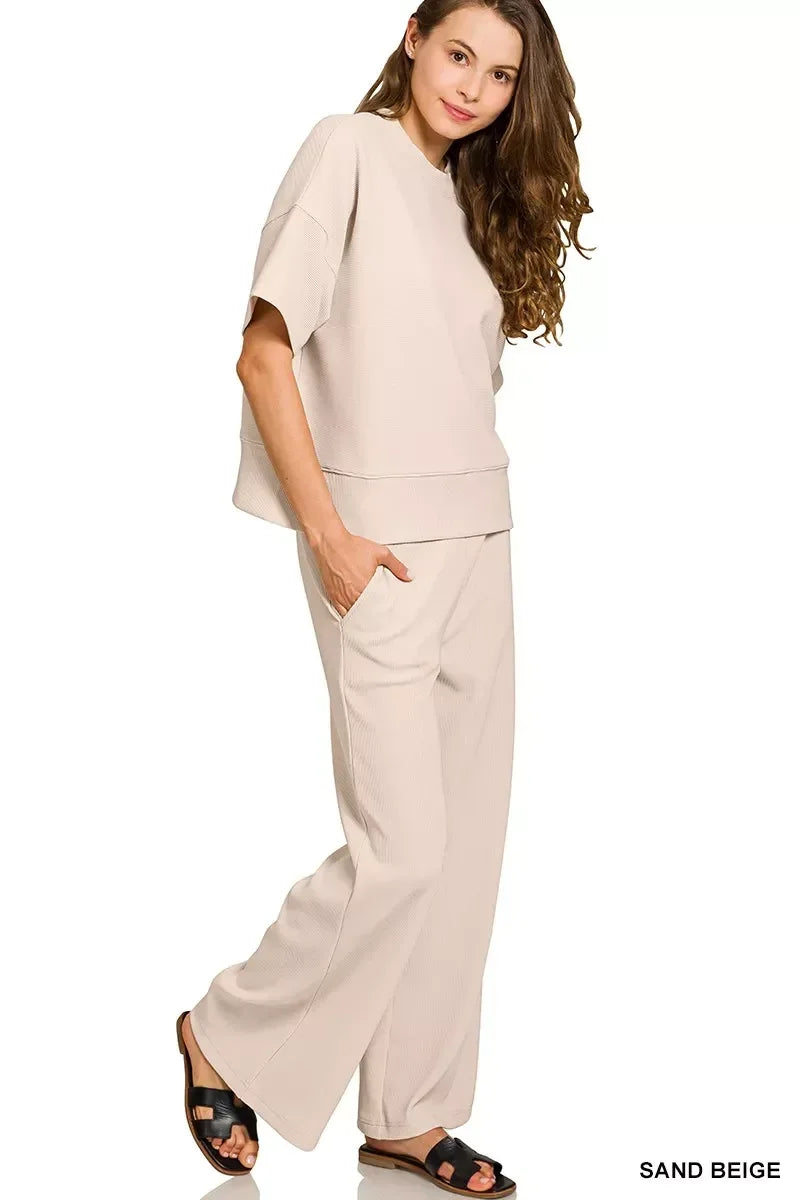 Zenana Ribbed Round Neck Tee & Pants Set - DAVERRI FASHIONS