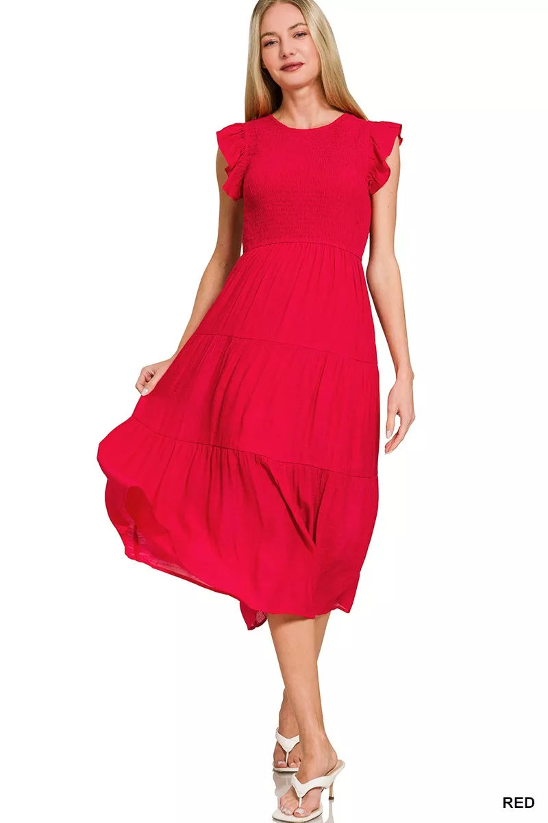Zenana woven smocked ruffle sleeve midi dress in vibrant red