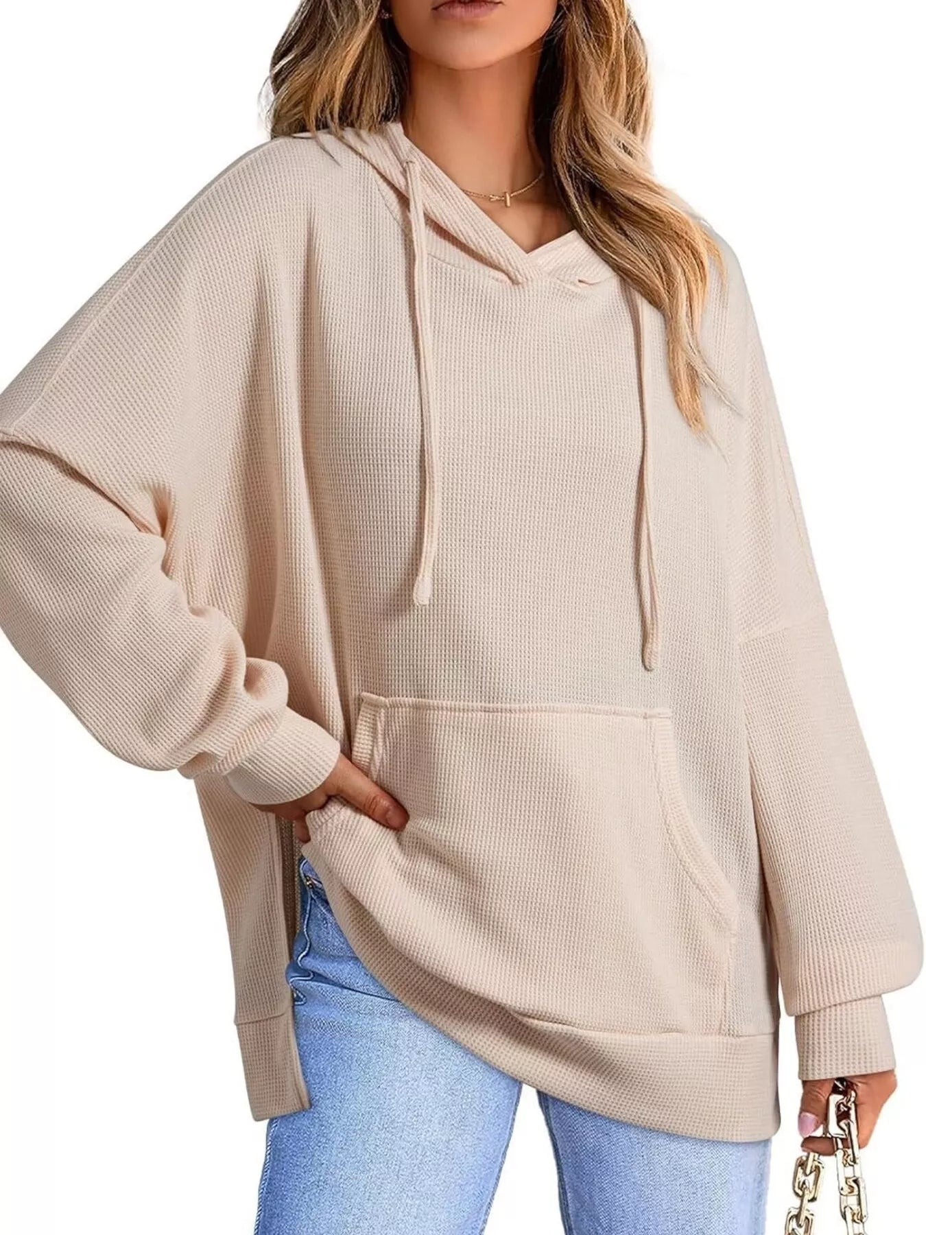 Daverri Fashions oversized beige ribbed knit drawstring hoodie with side slit
