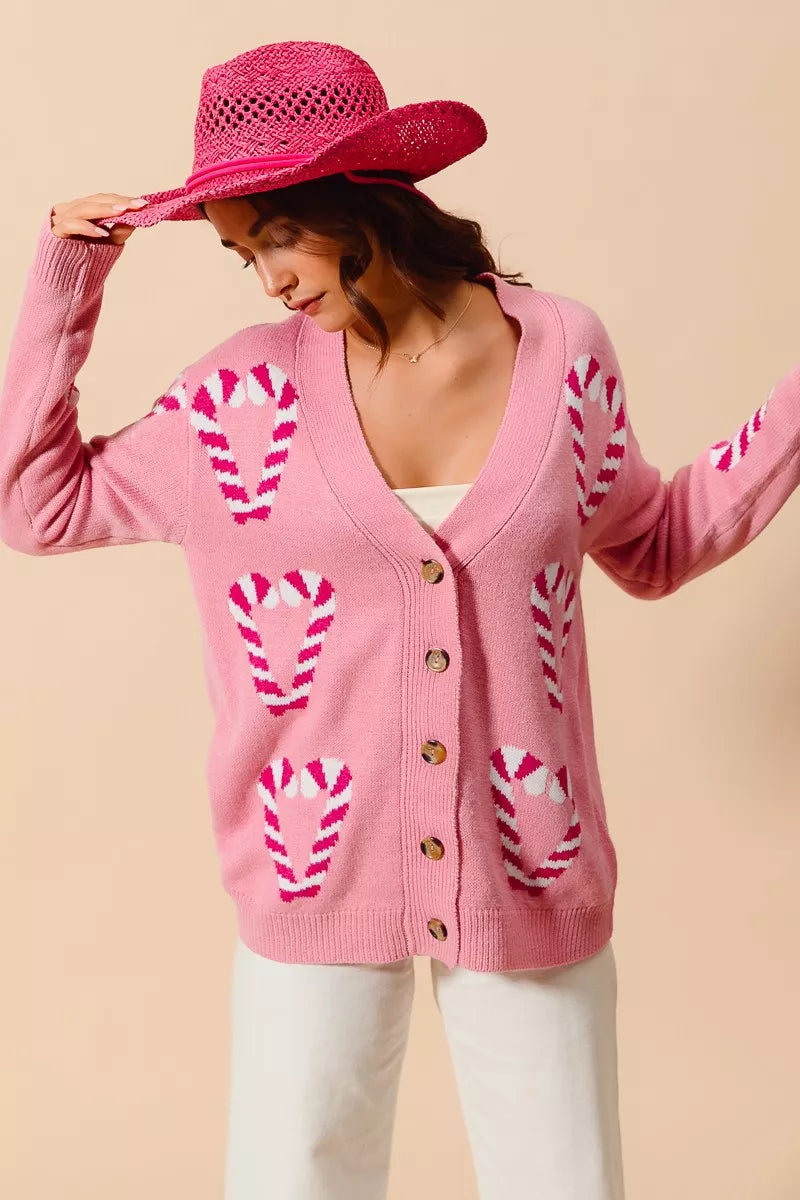SO ME Christmas Candy Cane Button Front Sweater Cardigan | Cardigans Daverri Fashions