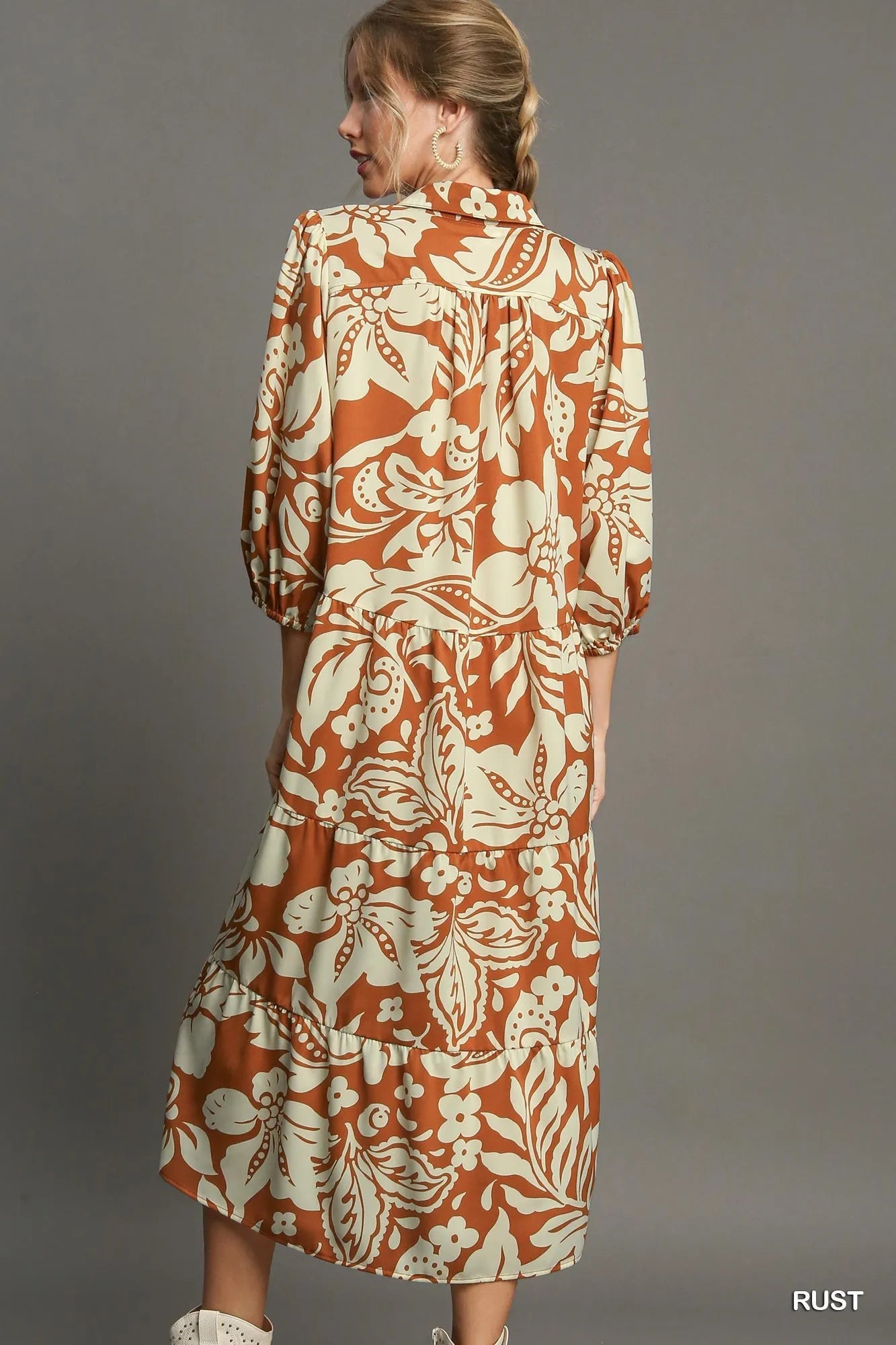 Umgee Full Size Floral Tiered Midi Shirt Dress Plus Size Midi Dresses
