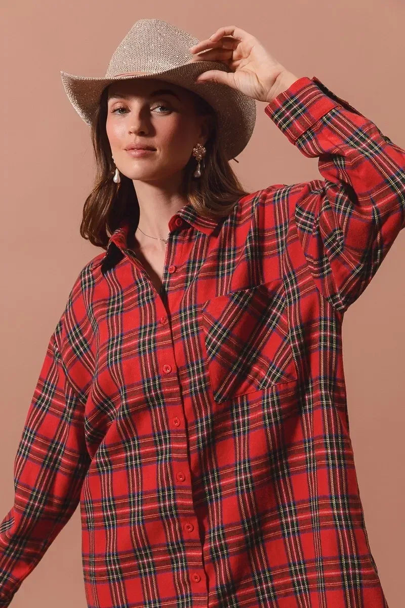 SO ME Christmas Checker Plaid Button Up Shirt Dress - DAVERRI FASHIONS