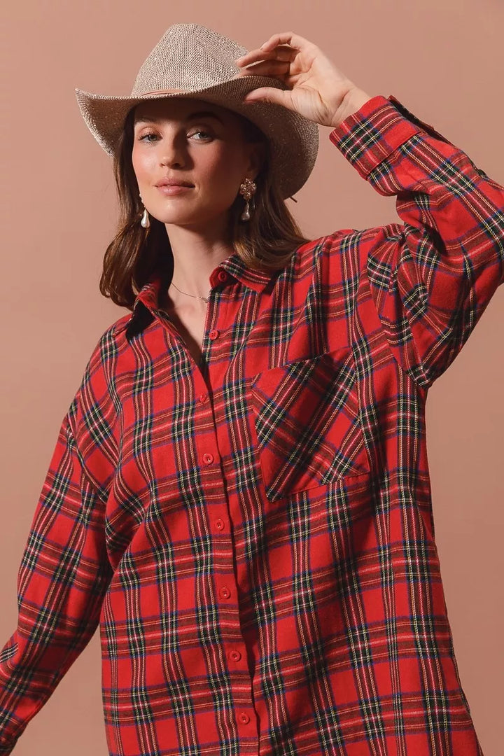 SO ME Christmas Checker Plaid Button Up Shirt Dress | Shirt Dresses Daverri Fashions