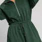 Dark green Zip-Up Drawstring Waist Romper, relaxed fit, quarter-zip front