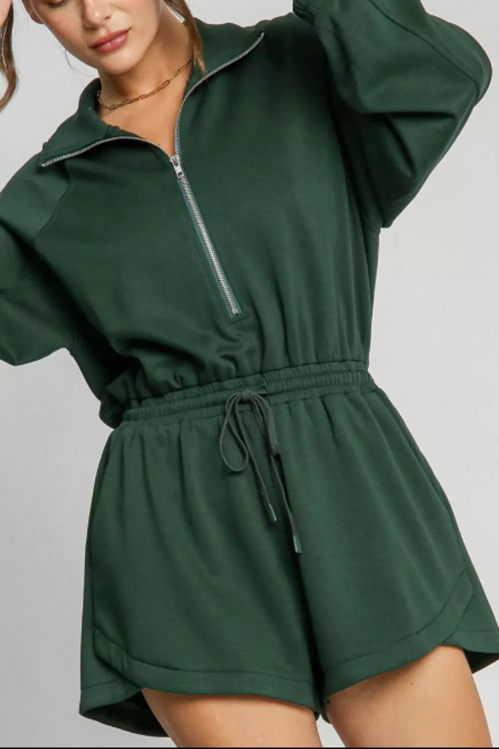 Dark green Zip-Up Drawstring Waist Romper, relaxed fit, quarter-zip front