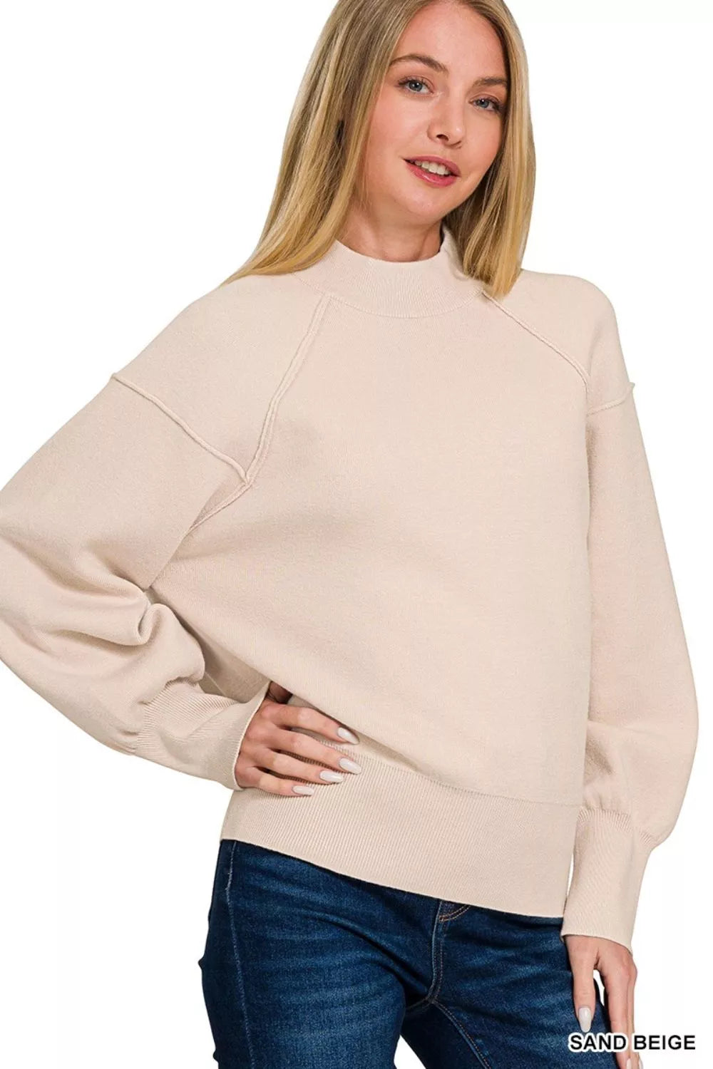 SAND BEIGE Zenana Viscose Mock Neck Exposed Seam Sweater | Sweaters Daverri Fashions