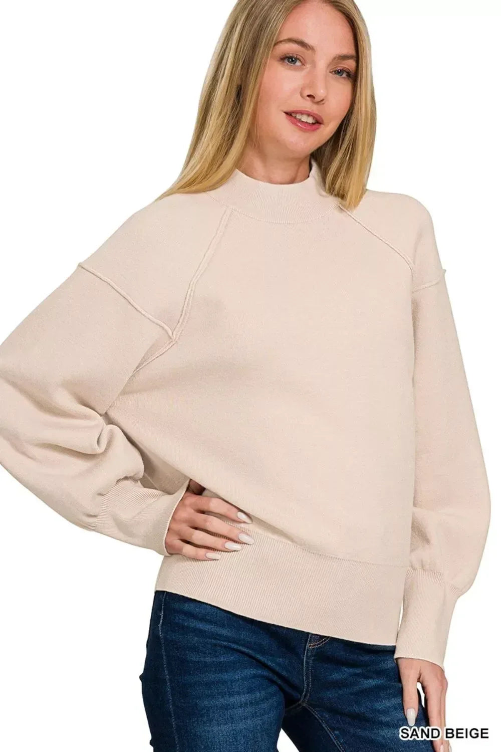 Zenana Viscose Mock Neck Exposed Seam Sweater - DAVERRI FASHIONS