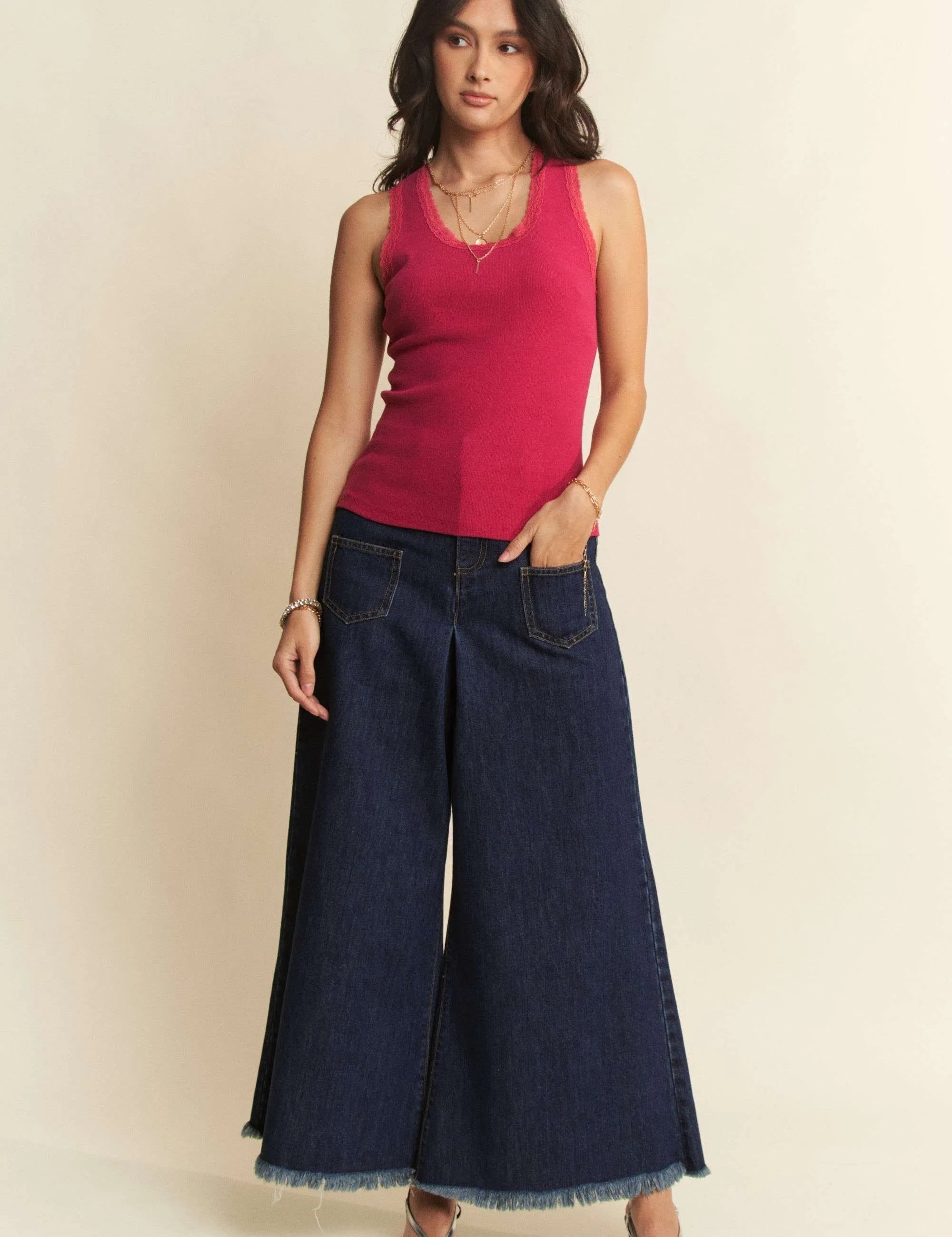 Davi & Dani Patch Pocket Wide Leg Culotte Jeans | Jeans Daverri Fashions