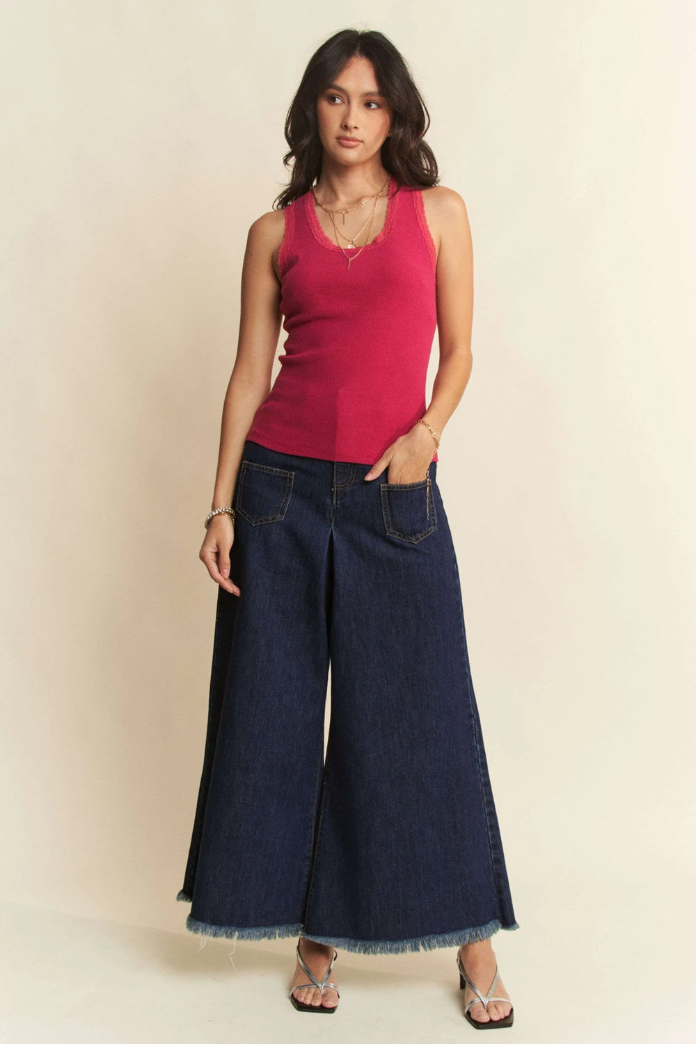 Davi & Dani Patch Pocket Wide Leg Culotte Jeans | Jeans Daverri Fashions