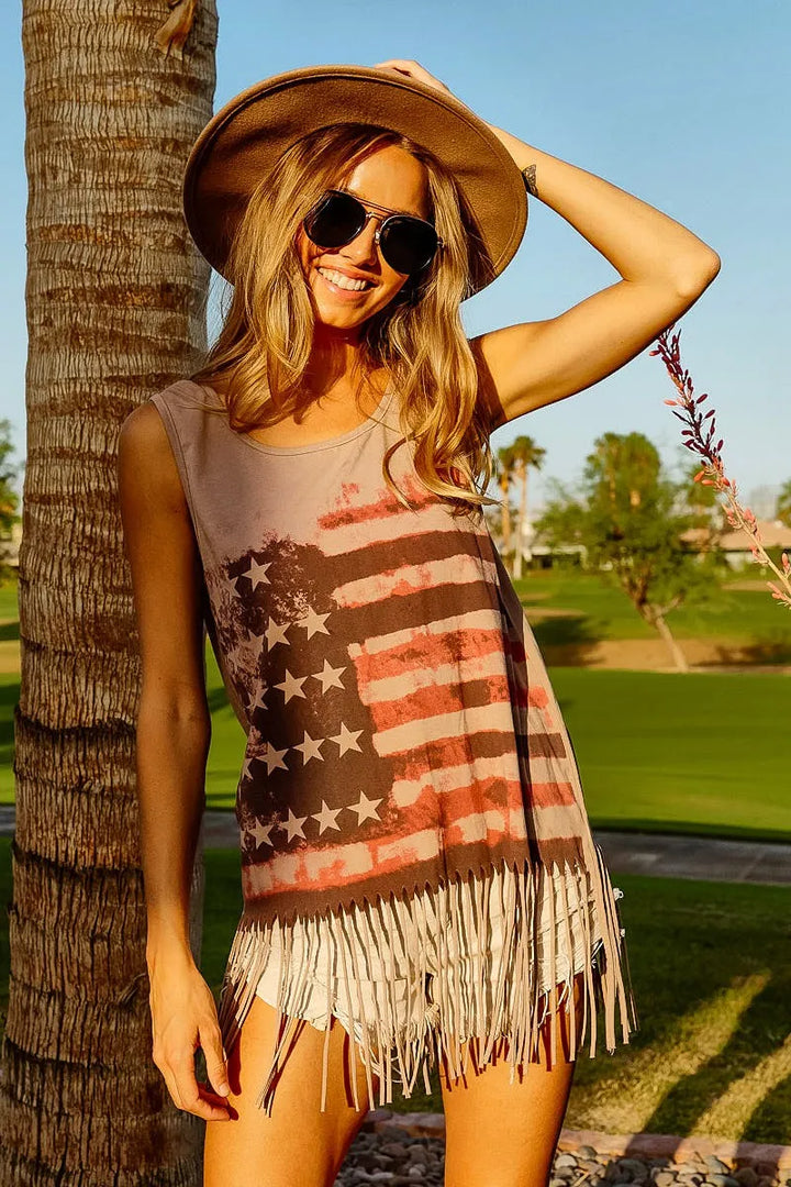 BiBi American Flag Print Knit Sleeveless Top Tank Tops