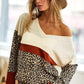 BiBi Waffle Knit Leopard Color Block V-Neck Top Tops