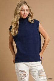 Navy Umgee High-Low Turtleneck Sleeveless Sweater Top | Daverri Fashions