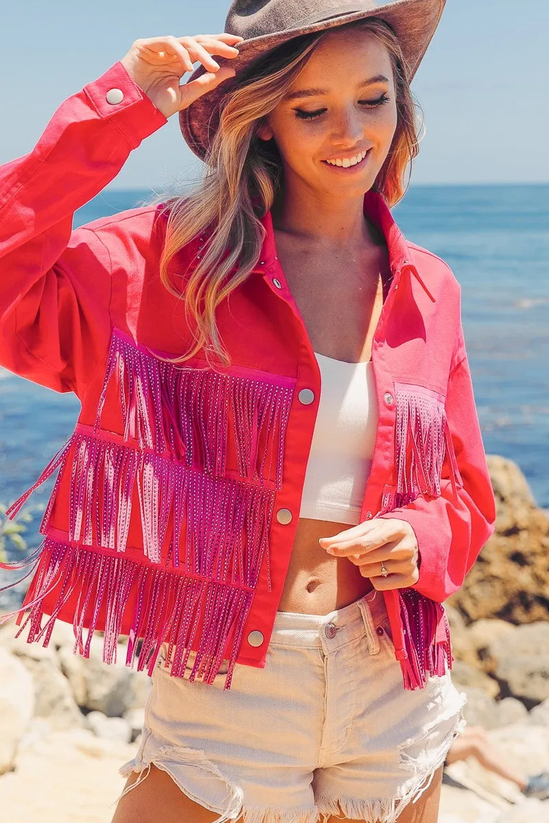 BiBi Rhinestone Fringe with Studed Collar Jacket Jackets