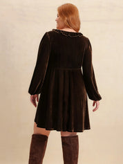 Plus Size Embroidered Notched Balloon Sleeve Mini Dress | Daverri Fashions