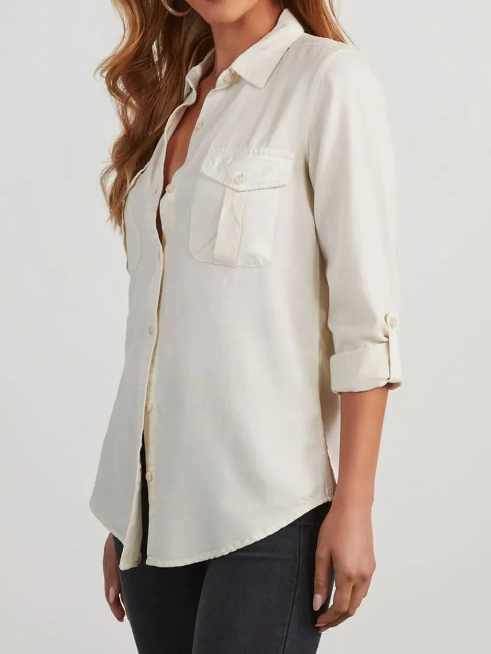 Collared Neck Roll-Tab Sleeve Denim Top | Shirts Daverri Fashions