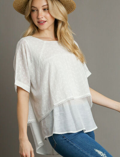 Umgee Full Size Eyelet Layered Short Sleeve Blouse Plus Size White