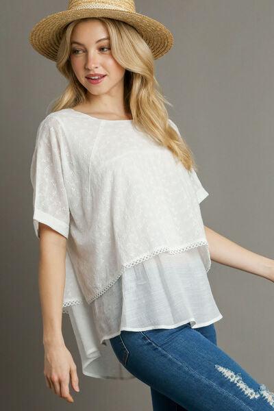 Umgee Full Size Eyelet Layered Short Sleeve Blouse Plus Size White 1XL Blouses