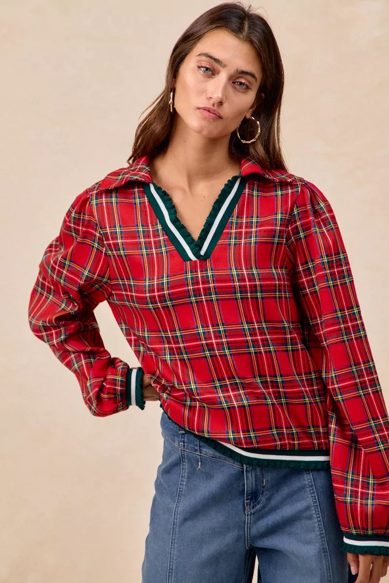 Red plaid flannel Anthropologie BiBi Christmas collared top with ruffles