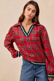 Red plaid flannel Anthropologie BiBi Christmas collared top with ruffles