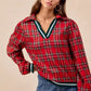 BiBi Christmas Plaid Collared Top with Ruffled Detail - DAVERRI FASHIONS