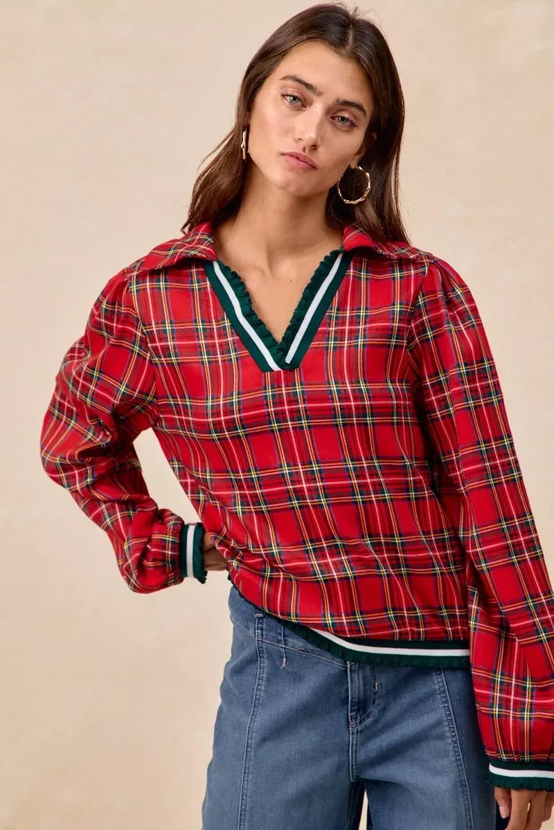 BiBi Christmas Plaid Collared Top with Ruffled Detail - DAVERRI FASHIONS