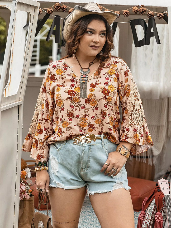 Floral Plus Size Floral Lace Detail V-Neck Blouse | Blouses Daverri Fashions