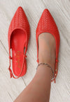 Bright red woven leather pointed-toe slingback flats