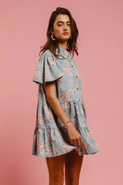 BiBi Floral Print Washed Lightweight Tiered Shirt Dress | Mini Dresses Daverri Fashions