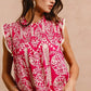 BiBi printed pink ruffle sleeve top with white embroidery