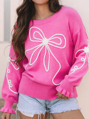 Fuchsia Pink Ribbed Hem Long Sleeve Sweater | Sweaters Daverri Fashions