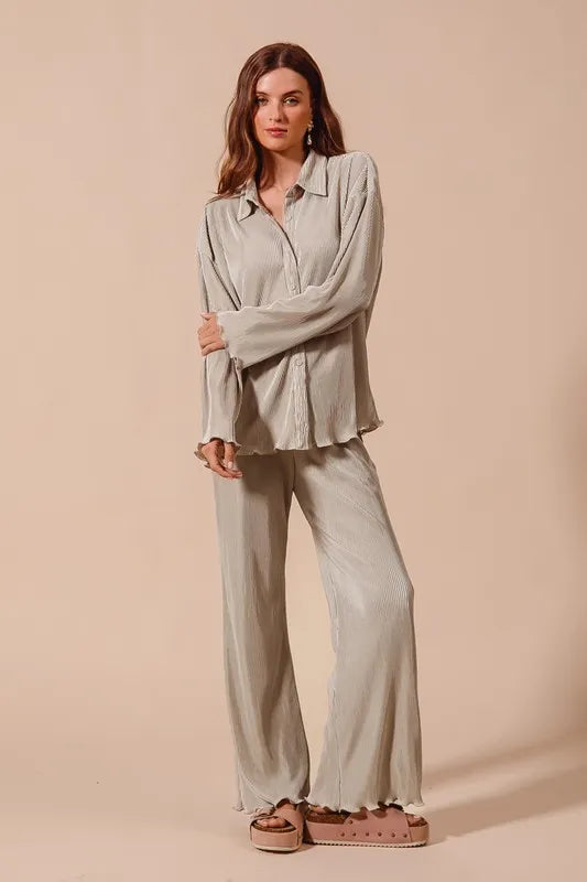 SO ME Pleated Shirt and Pants Set with Wavy Edge Details