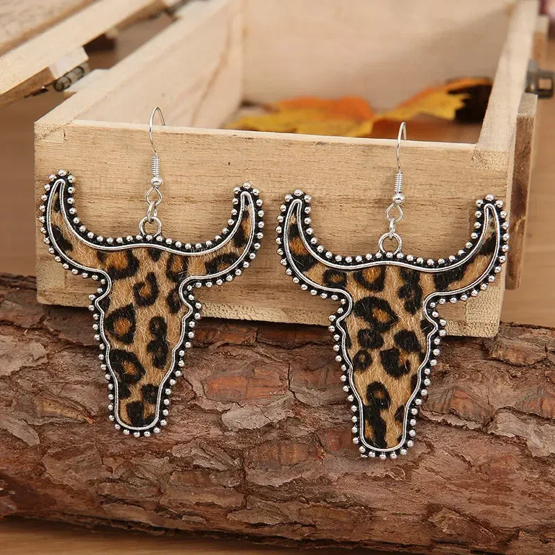 Alloy Animal Print Cow Head Earrings - DAVERRI FASHIONS