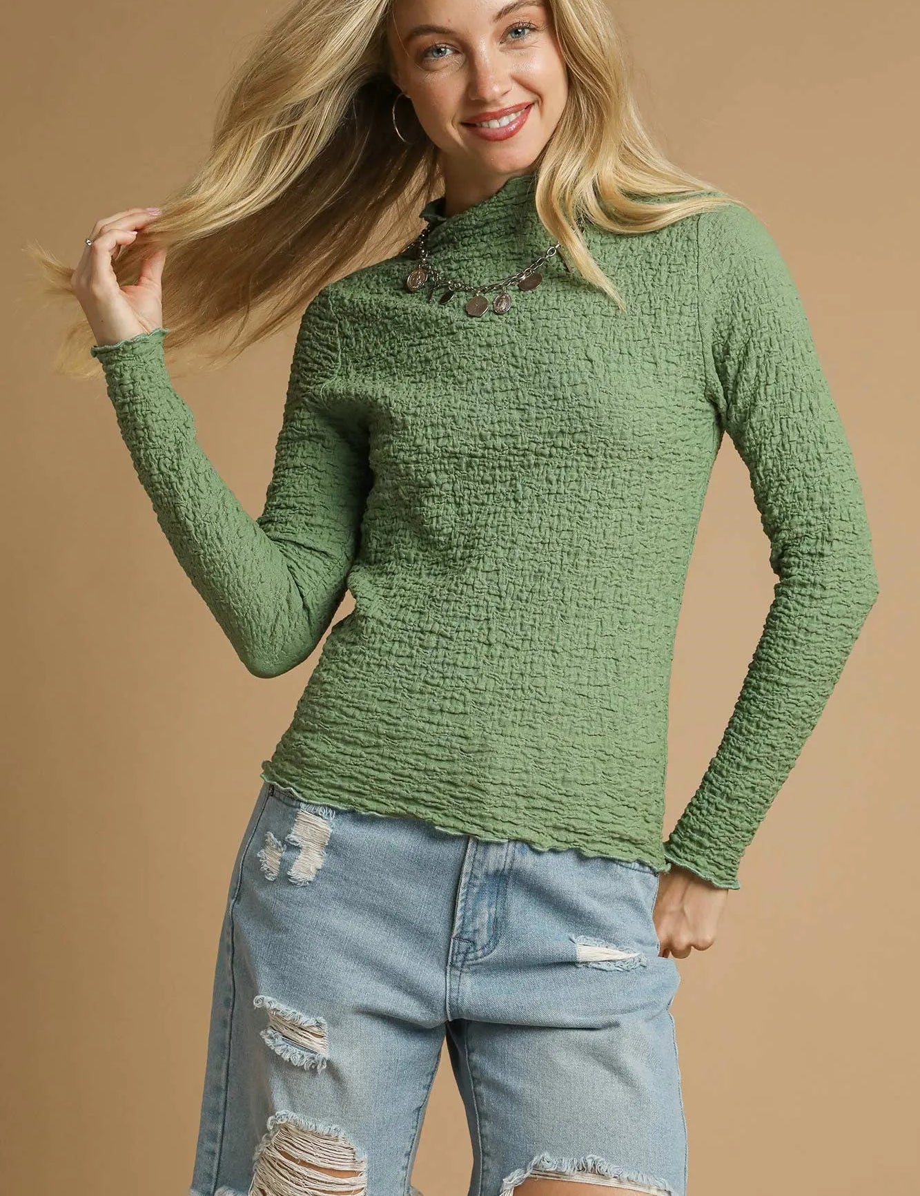 Sage Umgee Textured Crinkle Knit Long Sleeve Top | Tops Daverri Fashions