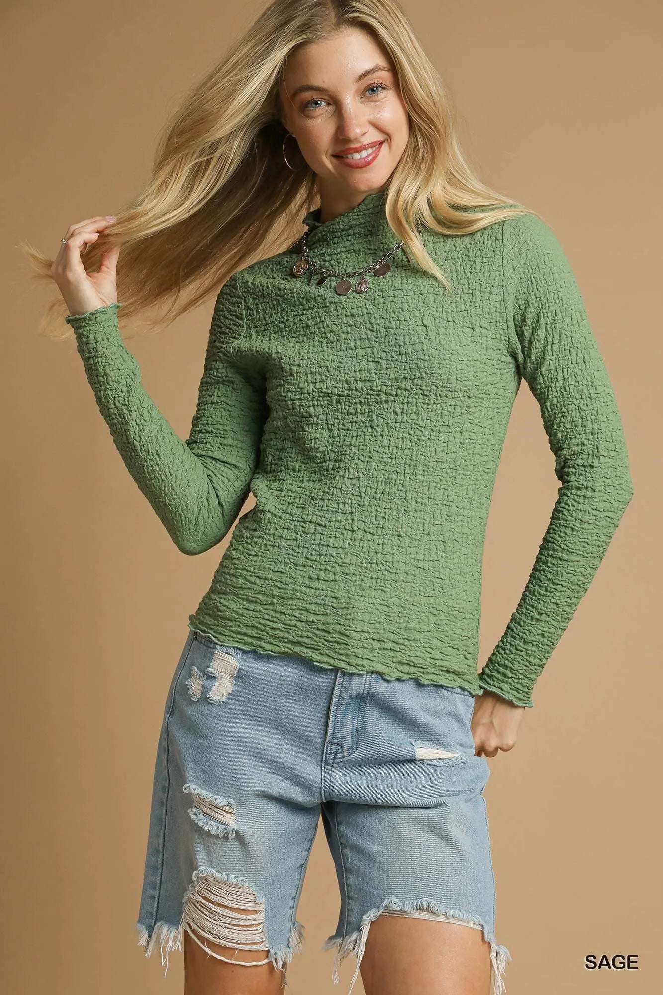 Sage Umgee Textured Crinkle Knit Long Sleeve Top | Tops Daverri Fashions