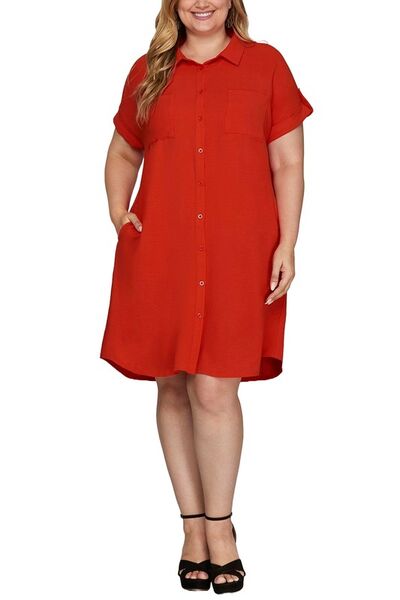 She + Sky Full Size Button Down Short Sleeve Woven Shirt Dress Plus Size