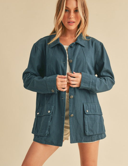 Aemi + Co Seam Detail Button Up Jacket with Pockets Deep Teal