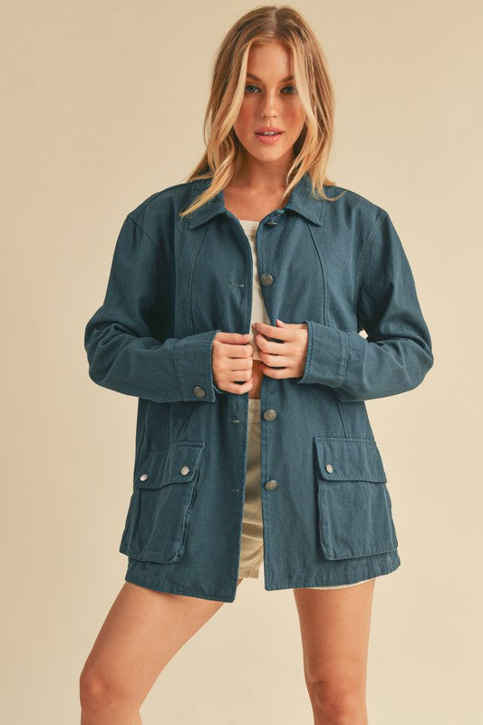 Aemi + Co Seam Detail Button Up Jacket with Pockets Deep Teal